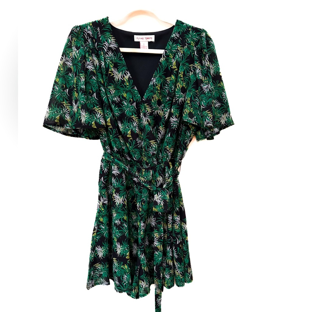 Flying Tomato Palm Print Romper Full Short Sleeves, Elastic Waist with Belt